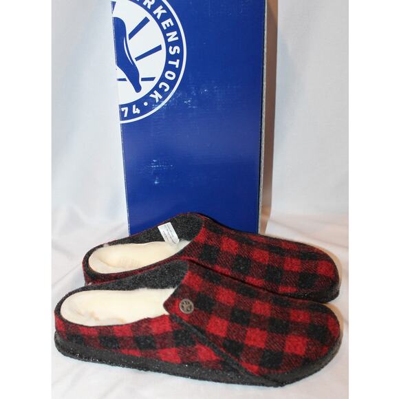 NIB BIRKENSTOCK WOMEN'S‎ SHEARLING LINED RED BLACK PLAID SLIPPERS SZ 8 - Picture 1 of 6